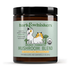 Dr. Mercola Bark & Whiskers organic fermented mushroom blend bottle for immune support.