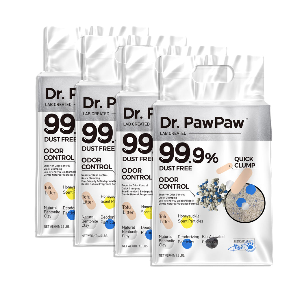 Dr. PawPaw Tofu Cat Litter bag with honeysuckle scent for a fresher home.