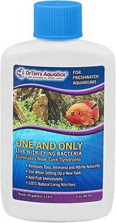 DrTim's Aquatics One and Only Freshwater bottle close-up, ideal for new tank setup.