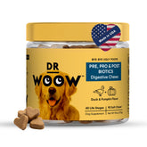 DR WOOW probiotics for dogs bottle with soft chews supports gut balance