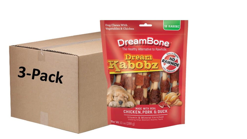 Close-up of DreamBone Dream Kabobz with real chicken and vegetables, a tasty, digestible dog chew.