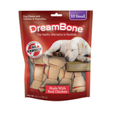 DreamBone vegetable and chicken chews for small dogs in bag, rawhide-free option.
