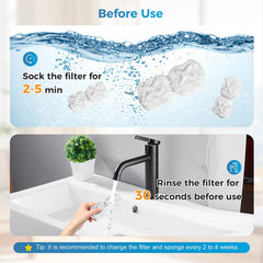 DrFlito sponge pads highlighting dual-stage filtration for clearer water