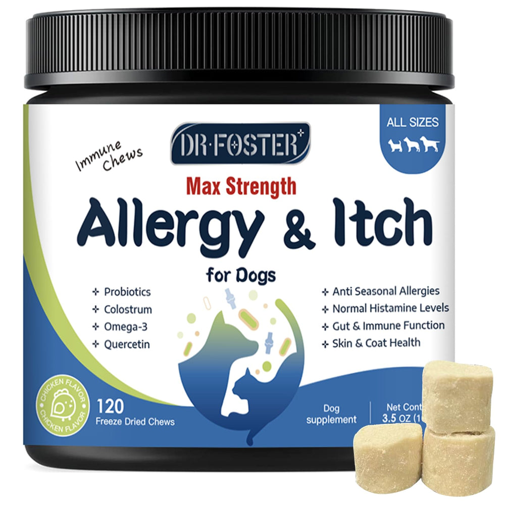 DRFOSTER Dog Allergy Relief Chews packaging view highlights natural ingredients for immune and skin support.