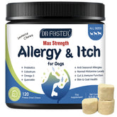 DRFOSTER Dog Allergy Relief Chews packaging view highlights natural ingredients for immune and skin support.