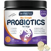 DRFOSTER Probiotics for Dogs bottle front highlighting 120 chews for gut support