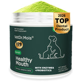 DRMOIS dog teeth cleaning powder tub with scoop for easy daily dosing.