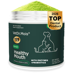 DRMOIS dog teeth cleaning powder tub with scoop for easy daily dosing.