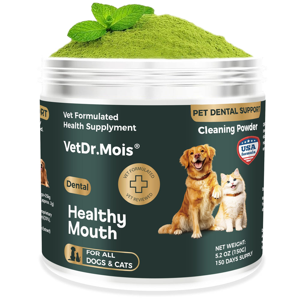 DRMOIS dog teeth powder packaging highlights brand and easy daily use.