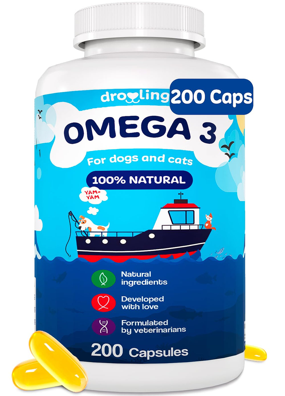 Droolings Omega3 bottle with softgel capsules for skin and coat support.