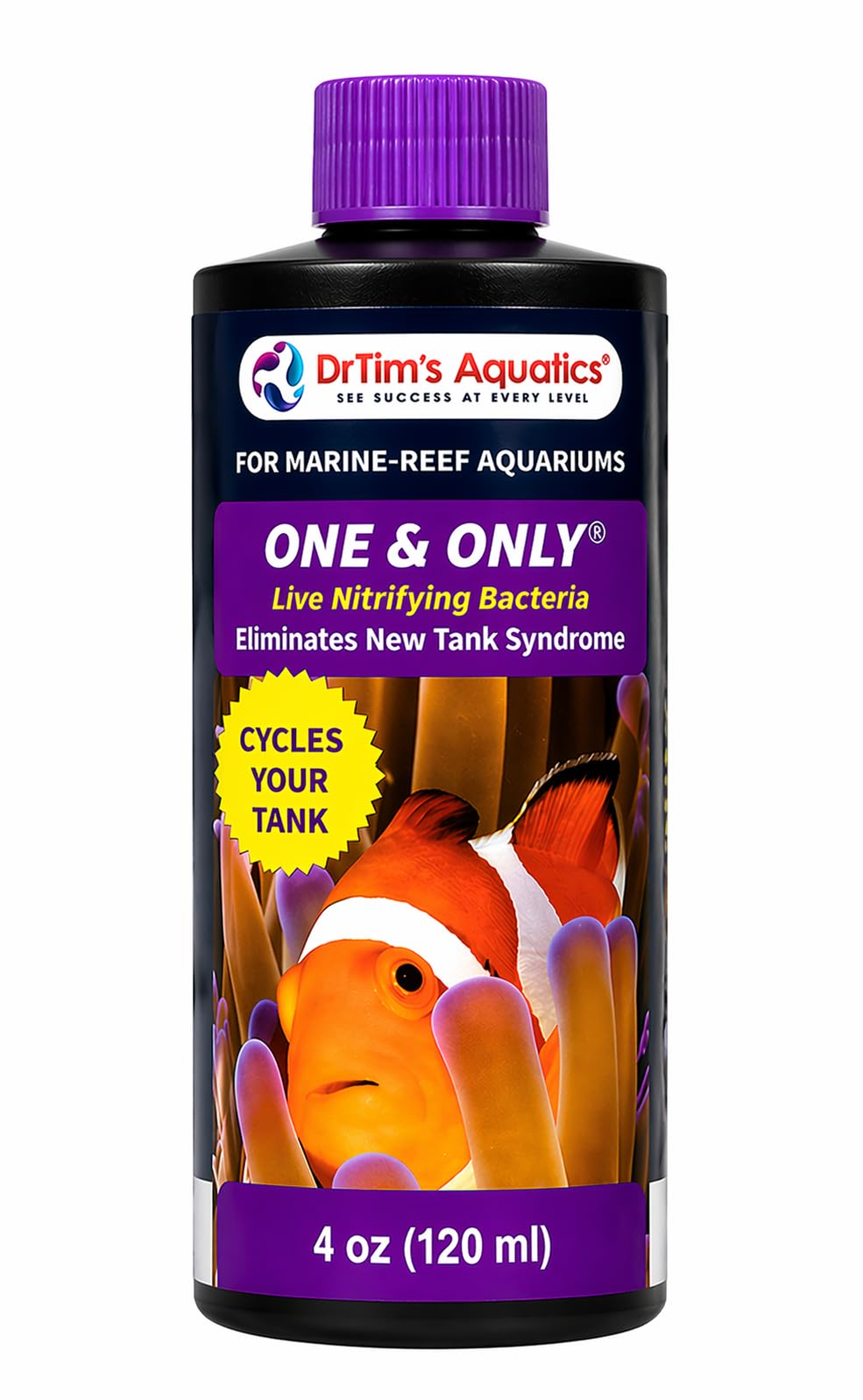 DrTim's Aquatics One and Only Reef bottle close-up, emphasizing rapid waste conversion.