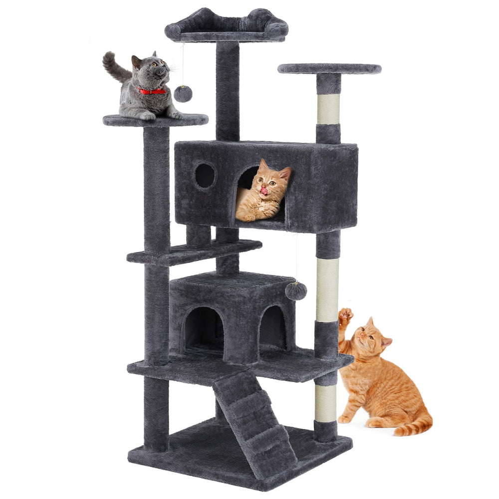 DUMOS 54-inch cat tree front view, showcasing space-saving multi-level play for large cats.