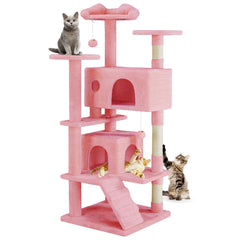DUMOS 54-inch cat tree pink condos provide a cozy retreat for multiple cats.