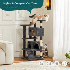 DUMOS cat tree climbable platforms and ramp enabling playful exploration and exercise.