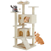 DUMOS cat tree tower beige round platform for comfortable multi-cat lounging and exploration.