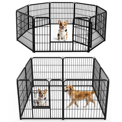 DUMOS dog playpen indoors with 8 panels and door for secure play.