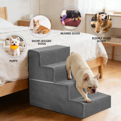 DUMOS 4-step grey dog stairs side view highlights sturdy foam core support for aging pets.