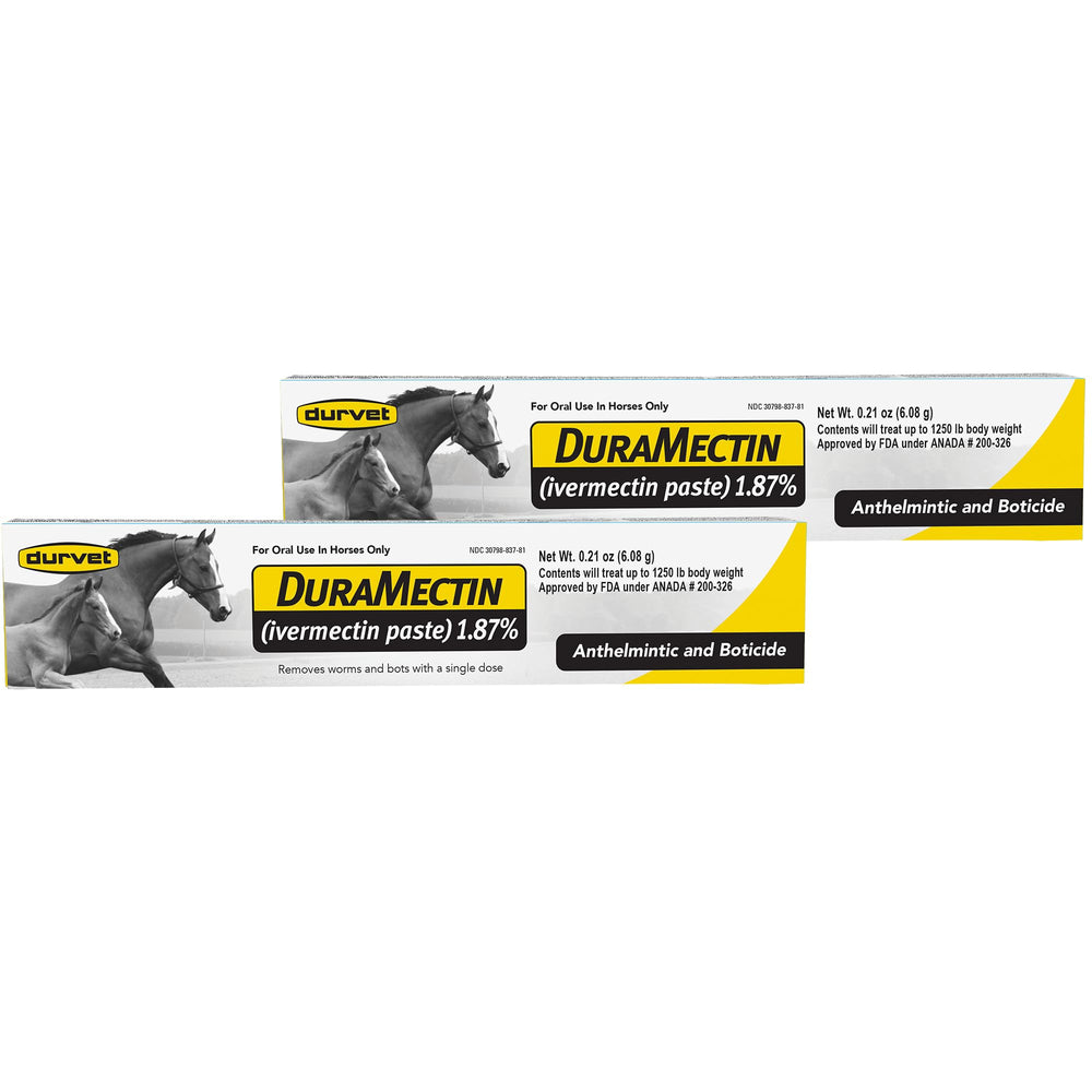 Duramectin bottle front shows an oral dewormer for horses targeting parasites.