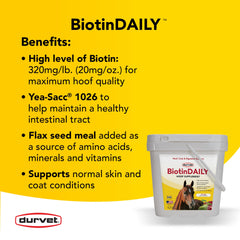 Durvet BIOTIN Daily 10# ingredients glimpse including flax seed meal for nutrition.