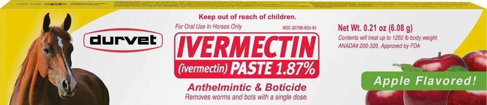 Durvet Equine ivermectin paste apple flavor for horses, convenient single-dose dewormer