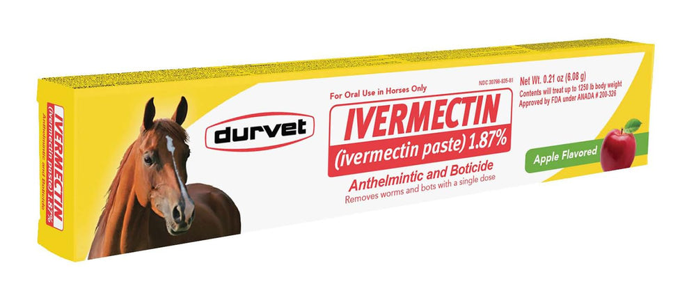 Durvet Ivermectin Paste bottle with apple flavor eases horse deworming.