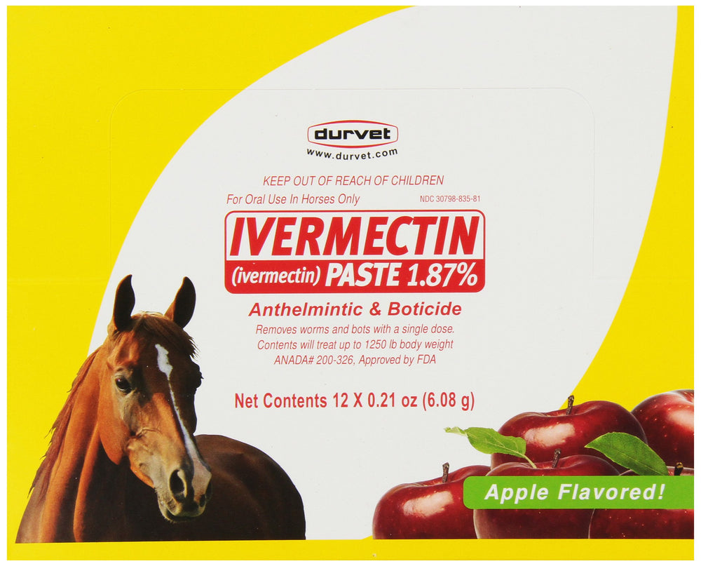Durvet ivermectin paste for horses, 1250 lb dose, easy one-dose administration for parasite control.