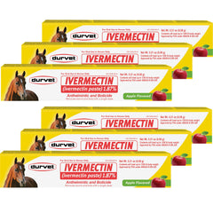 Durvet Ivermectin Paste package with apple flavor for horses, easy single-dose administration.