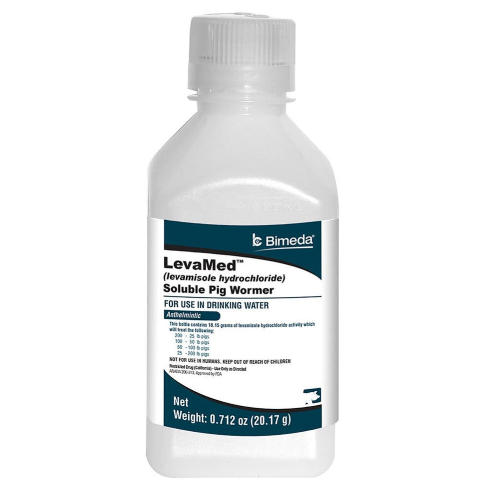 Durvet Levamed soluble pig wormer bottle pour for easy pig wormer administration.