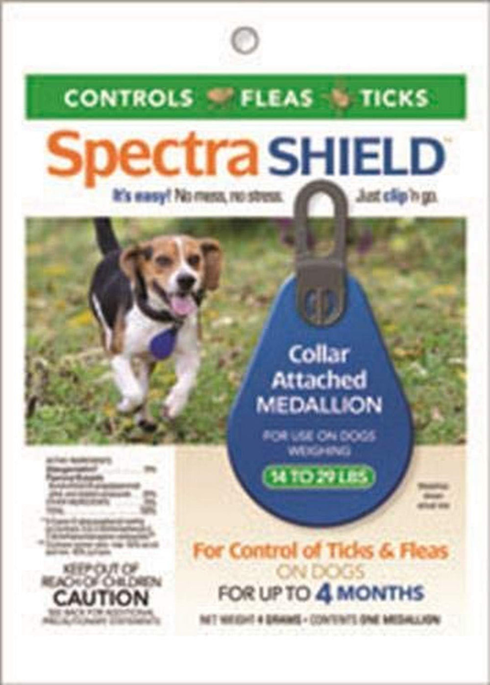 Durvet Spectra Shield collar medallion close-up highlighting tick and flea protection for dogs.