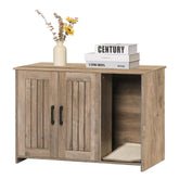 Dwanton litter box enclosure front view with greige wood finish for discreet cat space.