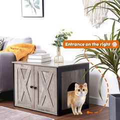 Dwanton Litter Box Enclosure with reversible entrance shown on left for flexible placement.