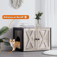 Dwanton Litter Box Enclosure side-entry closeup highlighting discreet design and easy routing for quiet hideaway.