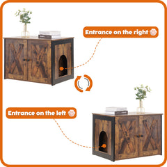 Dwanton Litter Box Enclosure wood-panel detail highlights rustic design.