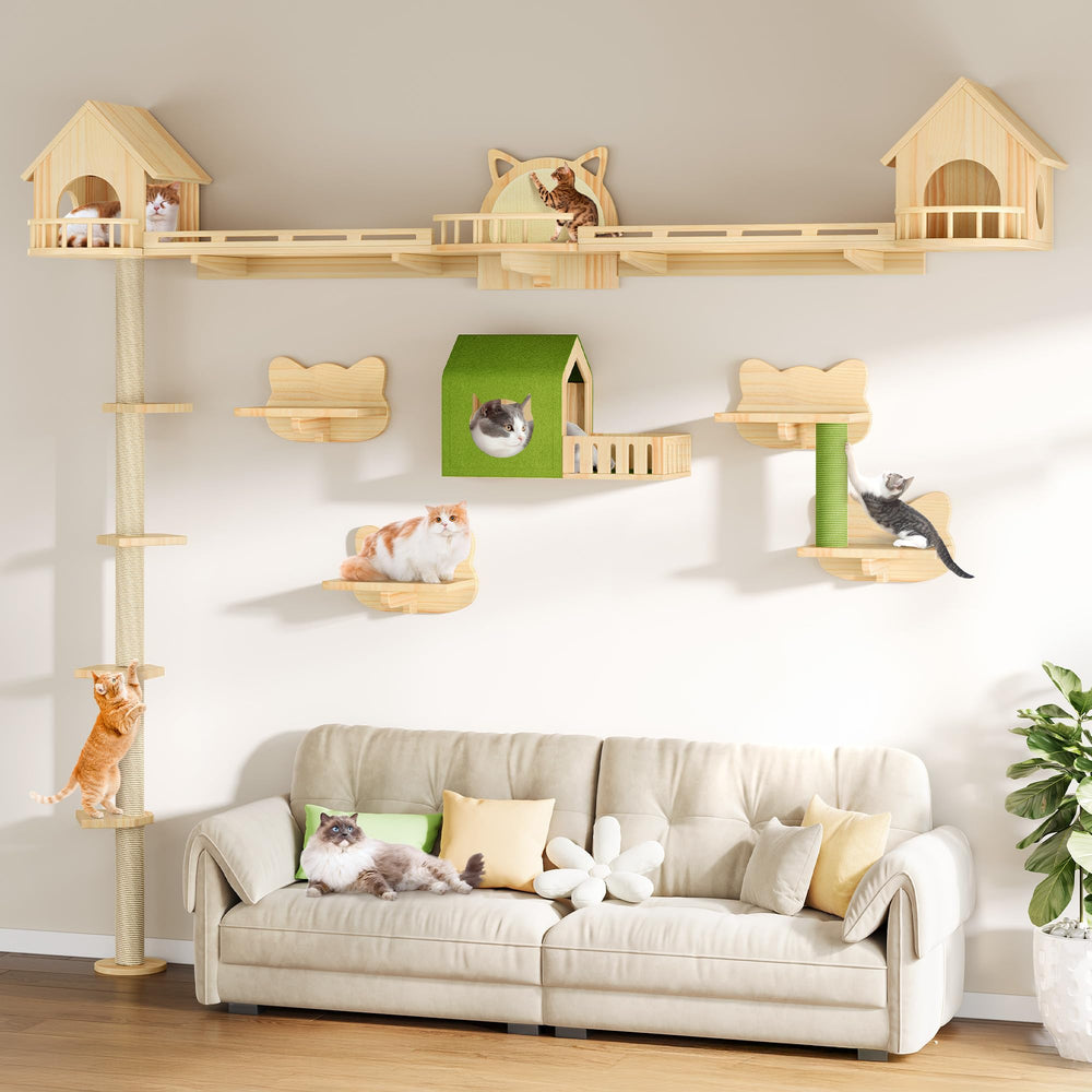 DWVO solid wood cat wall shelves and tower for vertical play and lounging