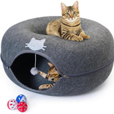 Meow Mansion cat cave and donut bed viewed front, spacious hideaway