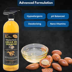 E3 Waterless Argan Oil Shampoo for Horses, nourishes hair and skin during grooming.