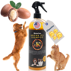 E3 Waterless Dog Shampoo bottle with argan oil scent for quick grooming and lasting freshness.