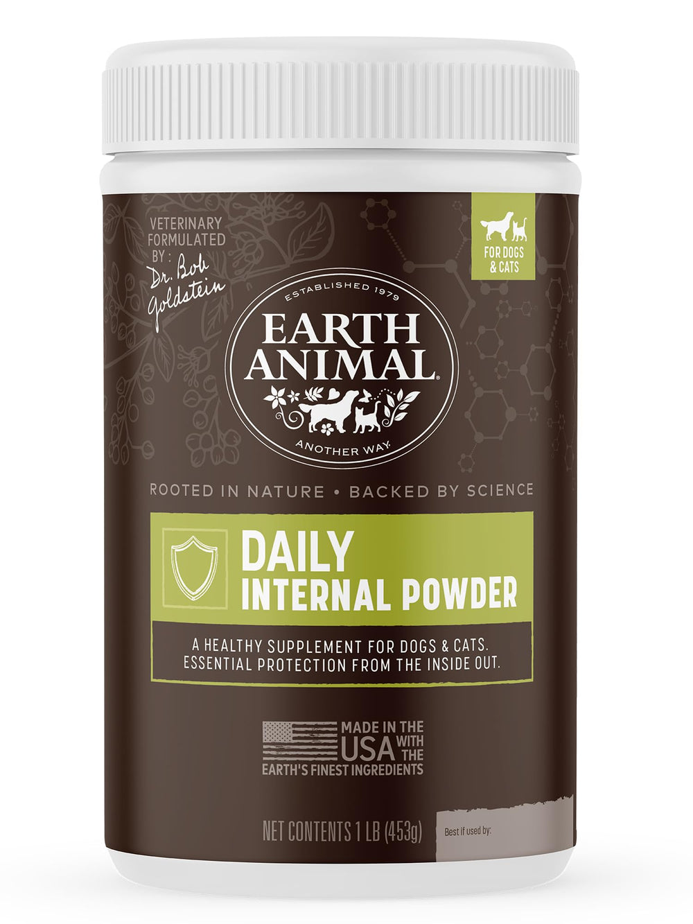 Earth Animal Daily Internal Powder bottle for dogs and cats with easy daily dosing for comfort