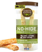 Earth Animal No Hide Chews large-pork-roll package close-up for long-lasting chew