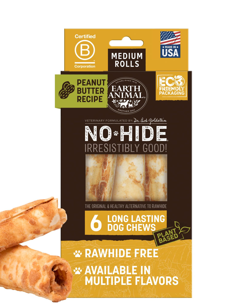 Earth Animal No Hide Chews medium peanut butter rolls for medium dogs, lasting chew sessions.