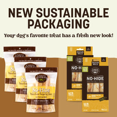 Earth Animal No Hide Chews medium peanut butter rolls show a rawhide-free option dogs can enjoy.