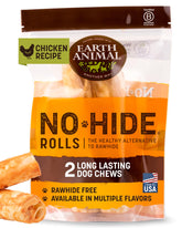 Earth Animal No Hide Chews packaging with chicken label shows a long-lasting chew.