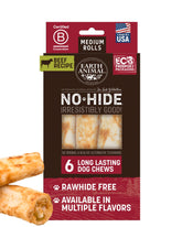 Earth Animal No Hide Chews rolls for medium dogs; long-lasting beef flavor.