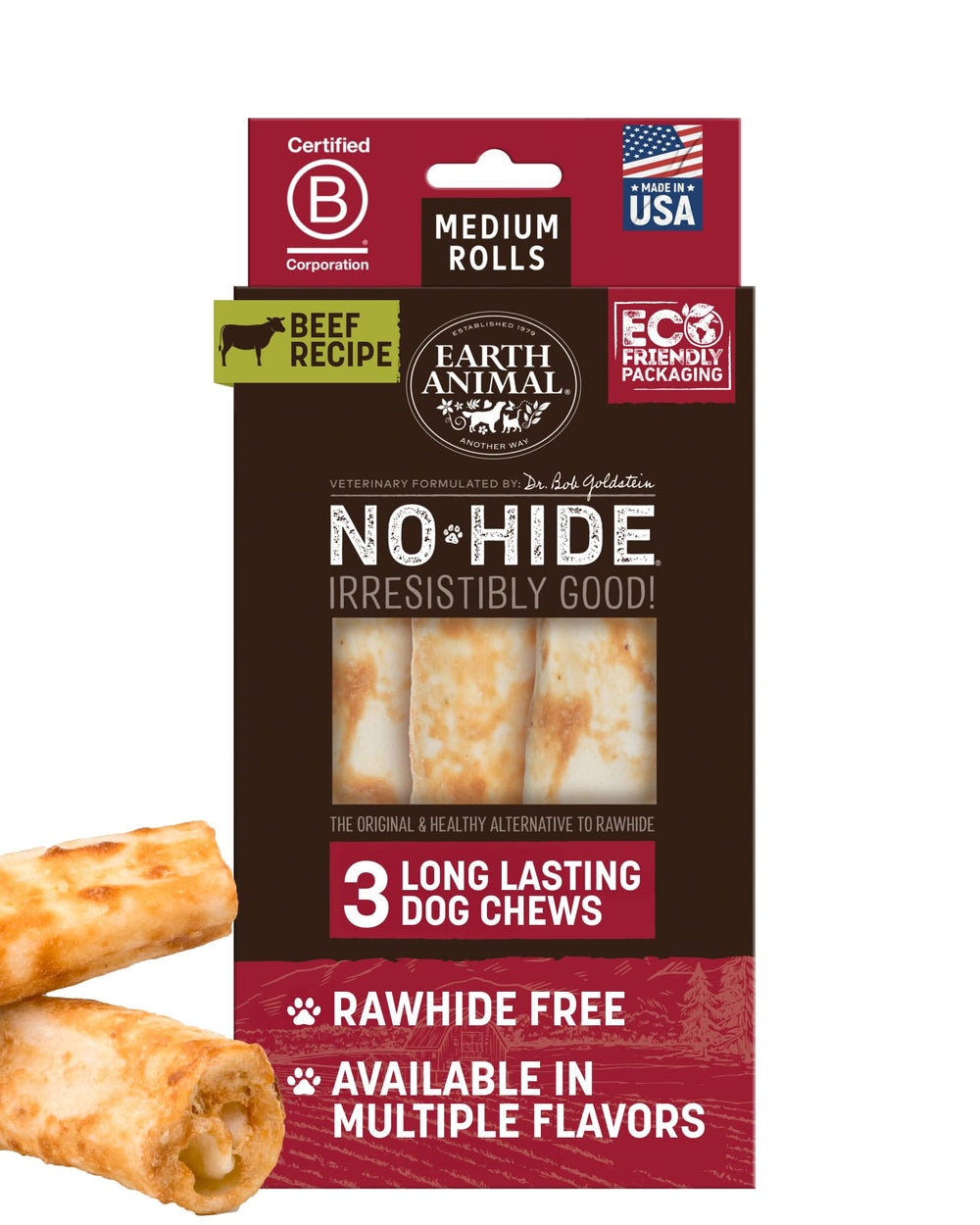 Earth Animal No-Hide chews in packaging for long-lasting chewing.