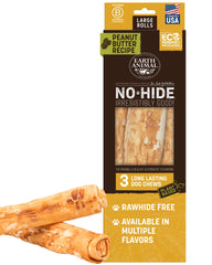 Earth Animal No Hide Chews Rolls with peanut butter for large dogs, long-lasting chew.