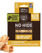 Earth Animal No Hide Chews rolls in peanut butter for small dogs; long-lasting.