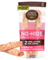 Earth Animal No Hide Chews Salmon large rolls for dogs promote long-lasting chewing.