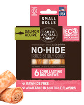 Earth Animal No Hide Chews Salmon Roll packaging shows long-lasting enjoyment for small dogs.