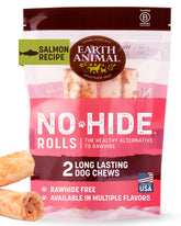 Earth Animal No Hide Chews salmon rolls, ideal for medium dogs seeking long-lasting entertainment.