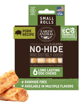 Earth Animal No Hide Chews for small dogs, pork roll, long-lasting entertainment.